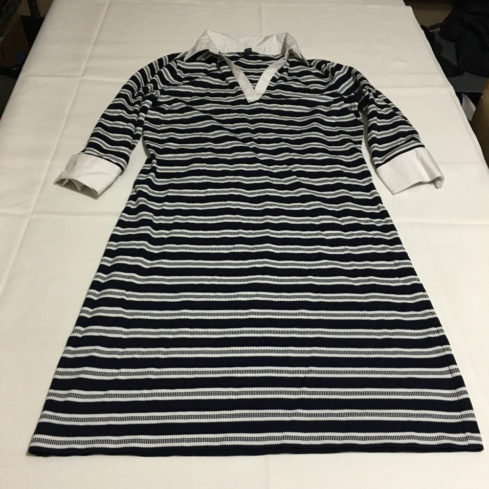 Brooks Brothers Dress Medium Navy White Stripe 3/4 Sleeve V-Neck